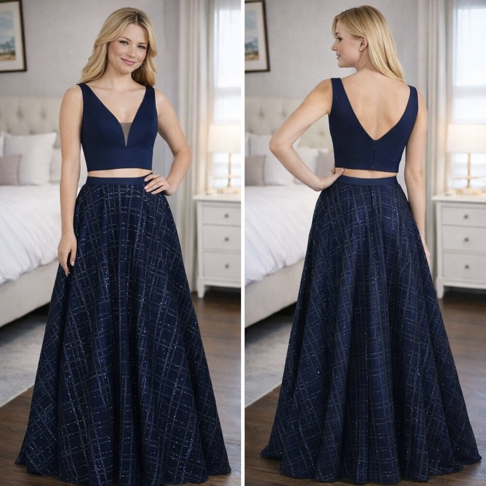 NWT Madison James Navy Blue Two Piece Formal Gown $298